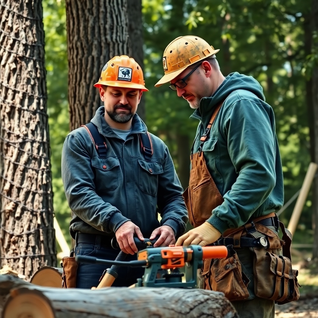 A dynamic image depicting a tree service and construction professional collaborating closely at a job site. The background features an impressive mix of tree care and construction activities. Natural sunlight floods the scene, highlighting various textures—the bark of the trees, the wood being crafted, and the equipment in use. The image should illustrate a sense of teamwork and dedication, encapsulating the essence of Carolina Tree Service & Construction in photorealistic quality.