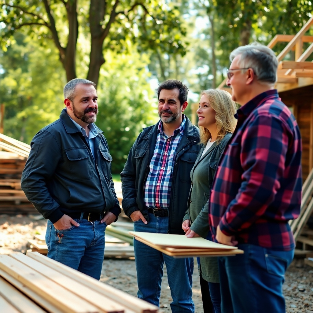 A photorealistic image capturing a landscape expert consulting with clients at their property. The environment highlights a mix of trees and construction materials, creating a backdrop rich in detail. Bright natural light uplifts the scene, setting a professional yet inviting tone. The focus should be on the interaction, with expressions of the clients conveying both confidence and satisfaction. An underlying quality should run through the image, showcasing the expertise of Carolina Tree Service & Construction.