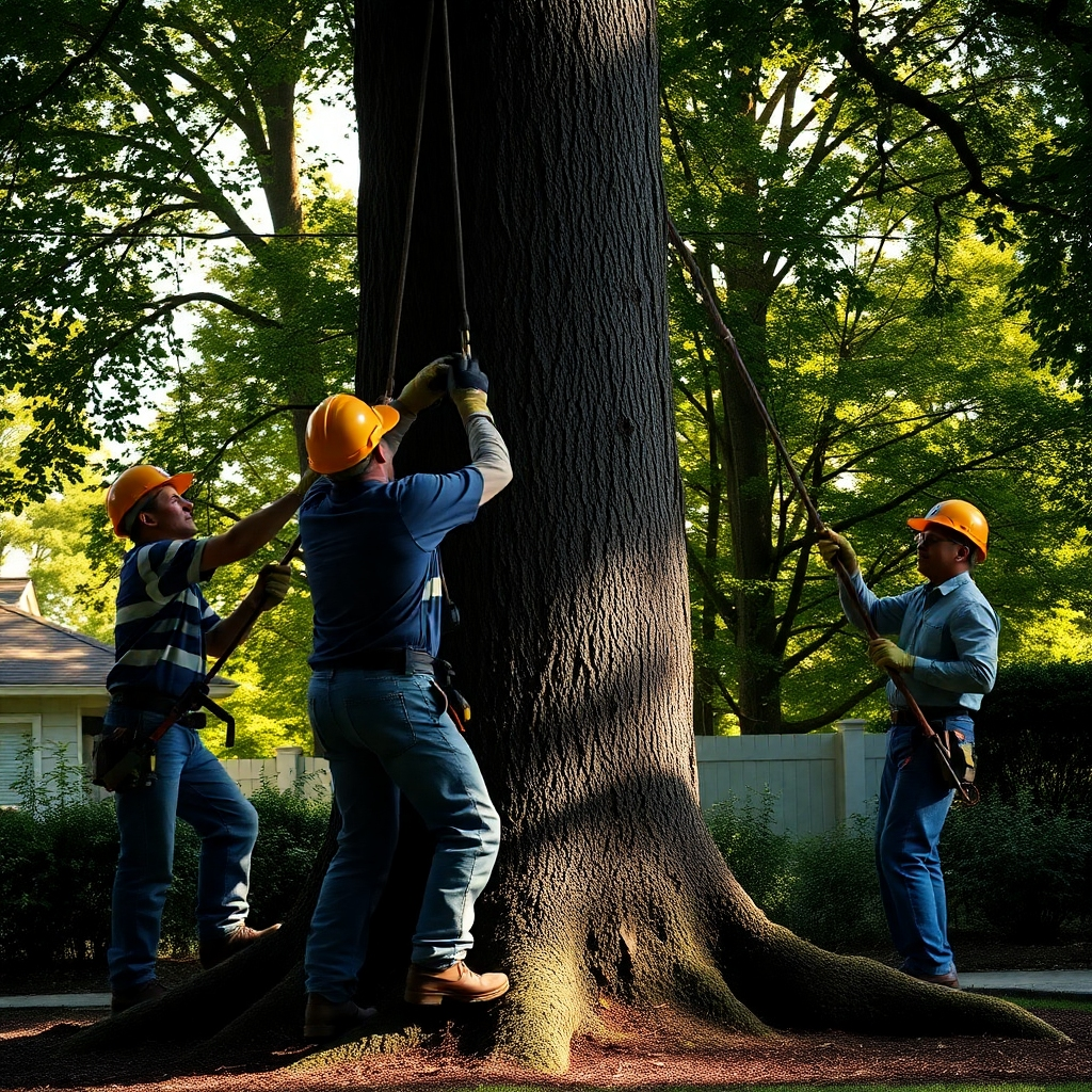 A photorealistic image depicting a tree service team expertly removing a large tree from a residential property. The composition captures the focused expressions of the professionals, brandishing their equipment. The morning sun creates dramatic shadows, adding depth to the scene filled with green foliage in the background. The textures of the tree bark and the ground area should be sharply detailed, showcasing the importance of safety and efficiency in the operation. This image should resonate with the high standards maintained by Carolina Tree Service & Construction.
