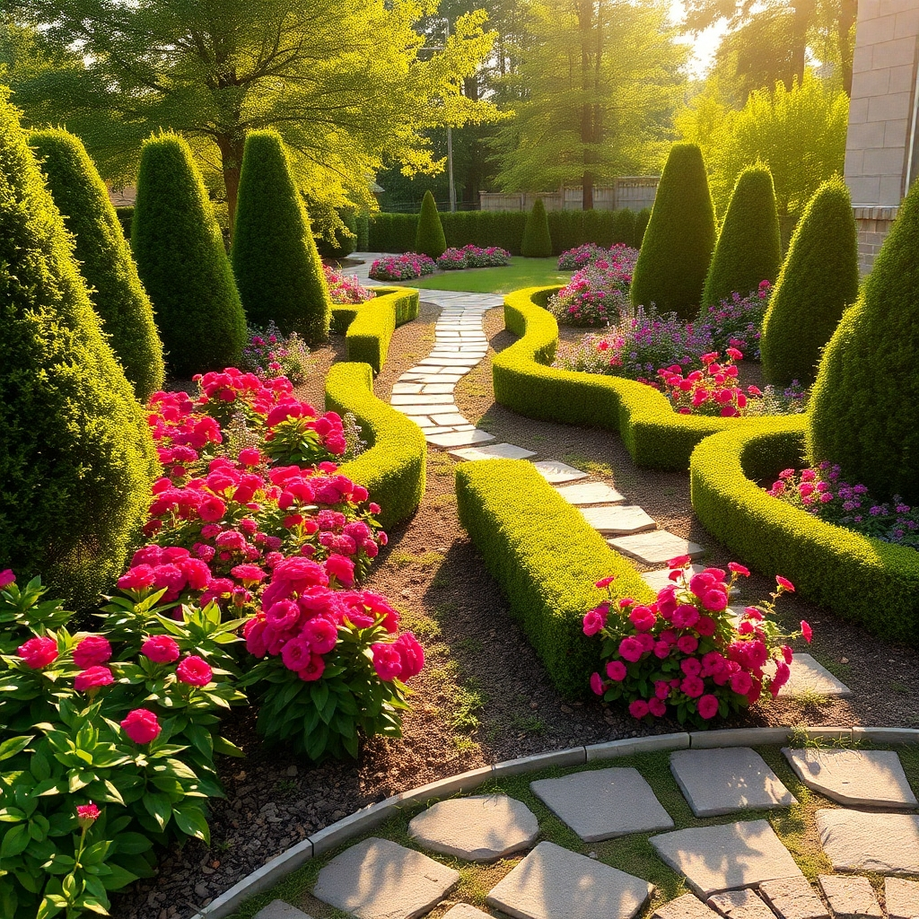A photorealistic image showing a finished landscaping project, featuring vibrant flowers, neatly trimmed hedges, and inviting pathways. The mid-afternoon sunlight bathes the scene in warmth, bringing out the colors beautifully. Detailed textures of leaves, flowers, and stones should create an immersive experience. The well-organized layout, complete with garden beds and decorative features, reflects the craftsmanship of Carolina Tree Service & Construction, promising lasting beauty.