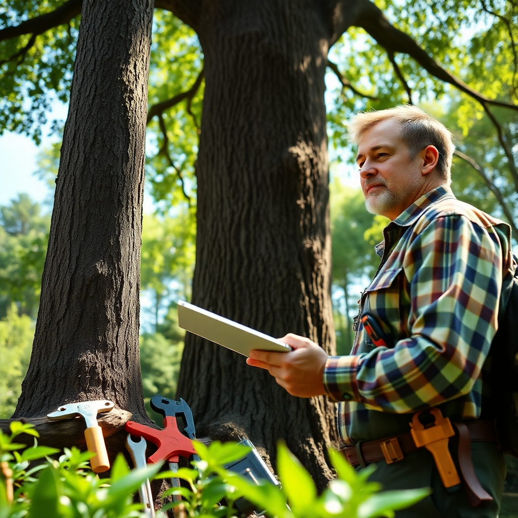 A photorealistic image showing a tree care expert evaluating a large tree's health in Carolina's lush environment. The expert holds a clipboard, and various tools are organized neatly around them. Bright sunlight illuminates the scene, emphasizing rich greens and browns, creating a serene backdrop. The camera angle should focus on the expert's focused expression, with a few trees visible in the background. The image should capture the textures of the tree bark and surrounding foliage, showcasing the harmony between nature and human effort, in high quality.