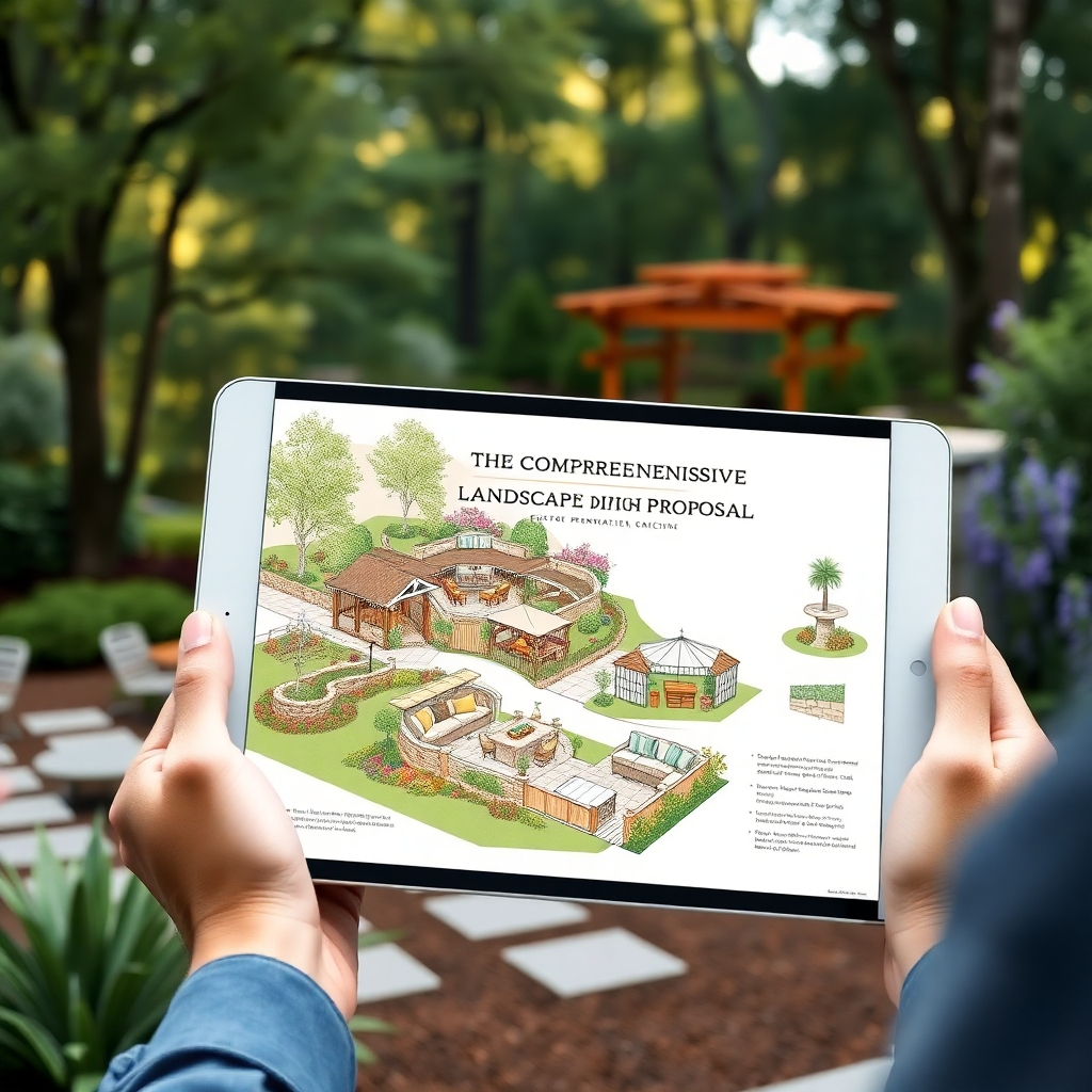 A photorealistic rendering of a comprehensive landscape design proposal, displayed on a professional tablet held by a designer. The background features an immersive outdoor scene, complete with native Carolina flora and inviting outdoor spaces. The natural lighting should create a soft effect around the design elements, making them pop. Textures in the plants and craftsmanship in the structures being proposed should be vivid, showcasing a quality that aligns with Carolina Tree Service & Construction's standards.