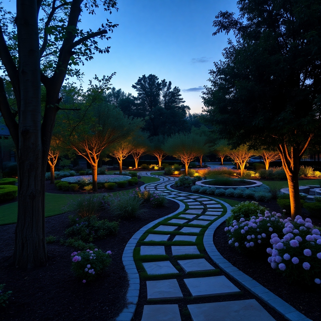 A serene image showcasing a smoothly integrated landscape, where trees, garden features, and constructed pathways coexist seamlessly. The lighting should be dusk, casting a warm glow over the harmonious environment. Depth in the image should come from layering, with a focus on both the textured bark of the trees and soft blooms of flowers. High-quality details should draw the viewer into a tranquil scene that embodies the mission of Carolina Tree Service & Construction.