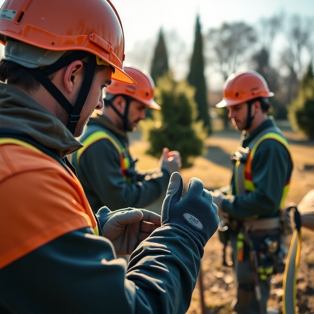 A striking image showcasing a tree service crew preparing safety gear before beginning their work. The setting should be a well-maintained outdoor site with various trees in view. The early morning light should cast serene shadows, creating a calm ambiance. Close-up details of helmets, gloves, and equipment should feature prominently, emphasizing the commitment to safety. The image should convey professionalism, evident in every high-quality detail captured.