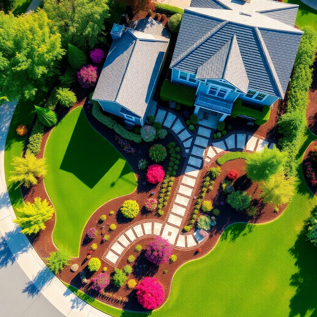 A stunning aerial view of a beautifully landscaped property in Carolina, highlighting the transformation of the outdoor space. The image should capture vibrant colors with blooming flowers and lush greenery, alongside modern structures. The sunlight should reflect off the newly constructed pathways, enhancing the image's vitality. This high-quality take should show the intricate patterns of the landscape, benefiting from the precision of Carolina Tree Service & Construction.