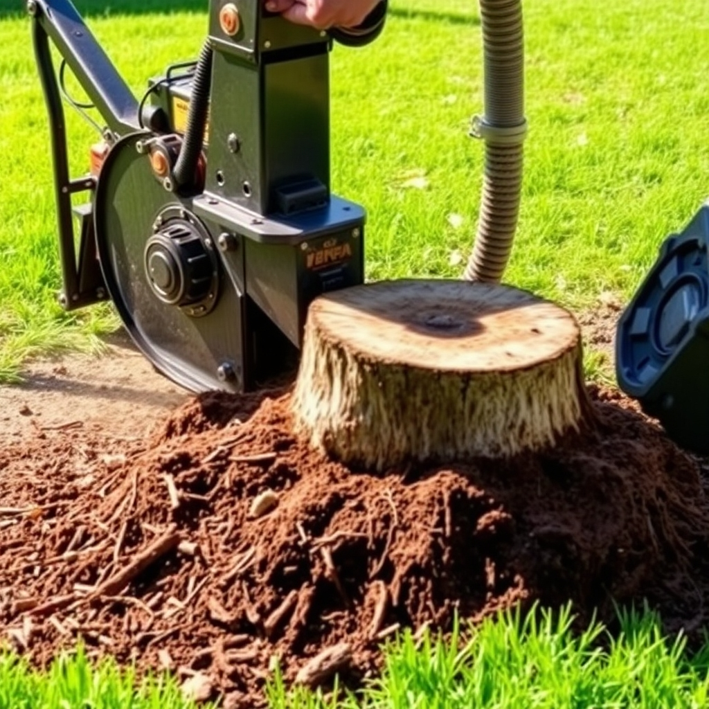 A stylized image showcasing advanced stump grinding machinery at work, removing a tree stump from a backyard. The scene should display intricate textures of wood debris and freshly churned earth, set against a backdrop of vibrant green grass. Natural lighting should create appealing highlights, drawing attention to the machinery's precision. The focus of the image should illustrate efficiency and transformation, aligning with the high-quality standards of Carolina Tree Service & Construction.