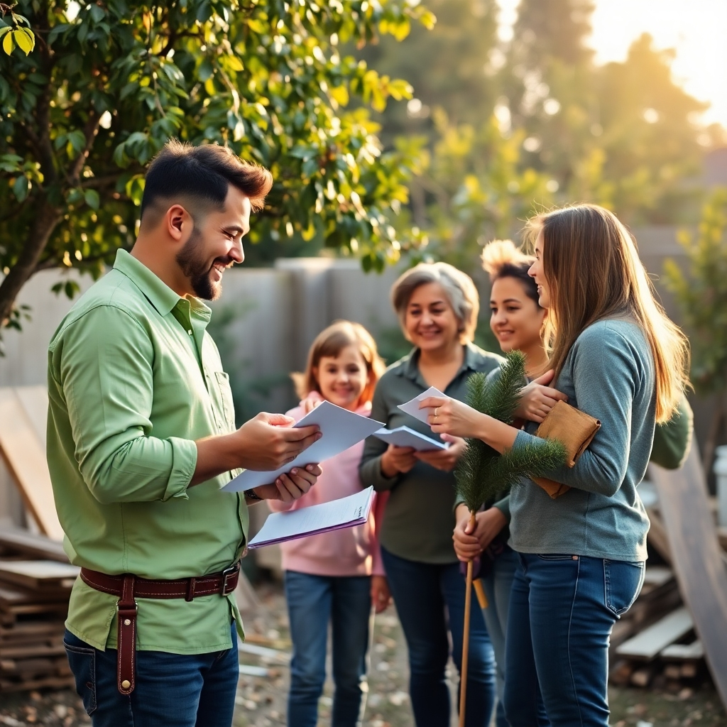 A stylized image showing a friendly team member engaging with a family while discussing a customized tree service plan. The backdrop is a backyard filled with flourishing trees and construction materials. Soft afternoon lighting enhances the scene, creating a warm and welcoming atmosphere. The focus should be on the interaction, with details such as a notepad and tree samples visible to signify professionalism. The image should be high quality, emphasizing a connection between nature and families benefitting from the service.