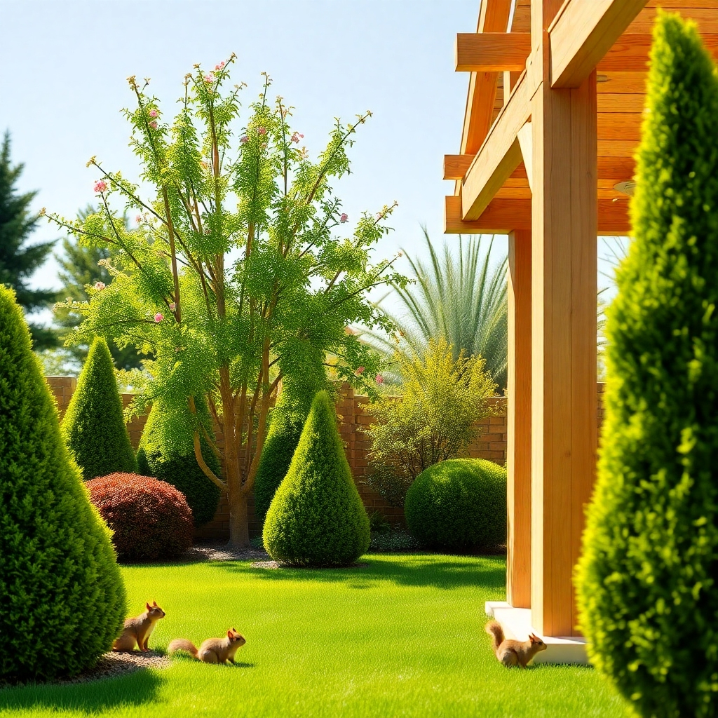 A vibrant, high-quality image of a beautifully landscaped yard post-service, featuring expertly trimmed trees and newly constructed structures. The lighting is bright and cheerful, showcasing the enchanting details of the flora. Close-up views of the textures in the wooden constructions and the manicured lawn should populate the scene. The composition should emanate an inviting warmth, creating a sense of ease and happiness. A few playful elements, like birds or squirrels, would add life to the image, captured in photorealistic detail.